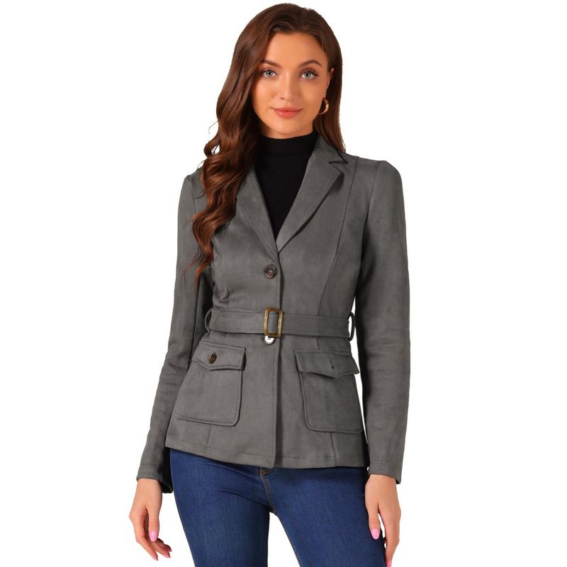 INSPIRE CHIC Women's Faux Suede Belted Lapel Single Breasted Work Outwear Blazer Large Dark Grey