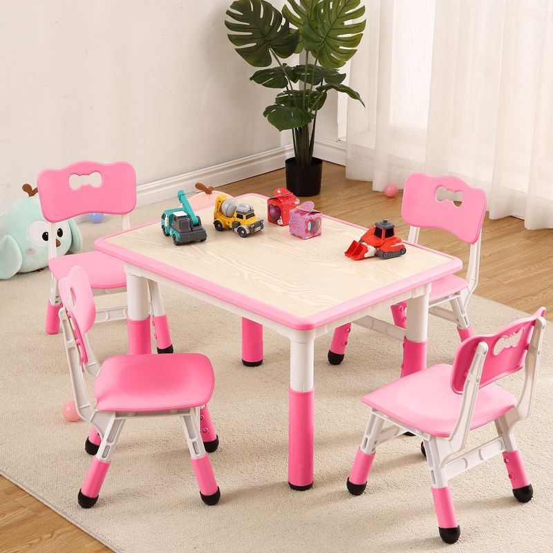 Toddler Table 4 Chair Set, Height Adjustable Kids Table Chair Set, Toddler Activity Table with Graffiti Tabletop, Plastic Play Table Craft Table