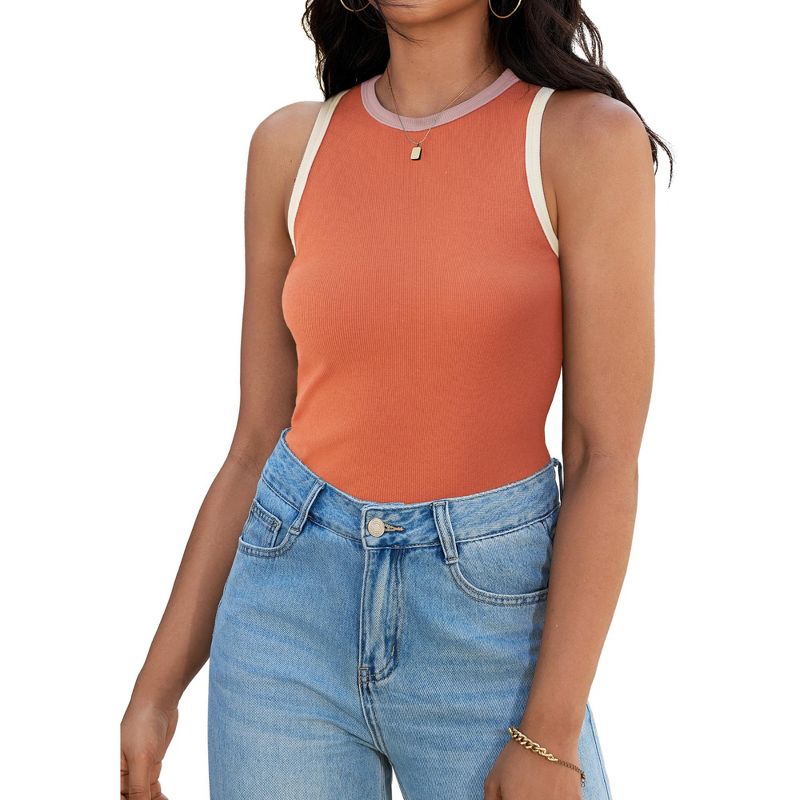 ATHLECHIC Women's Ribbed Summer Crew Neck Sleeveless Casual Fitted Tank Tops Orange Pink Apricot Large