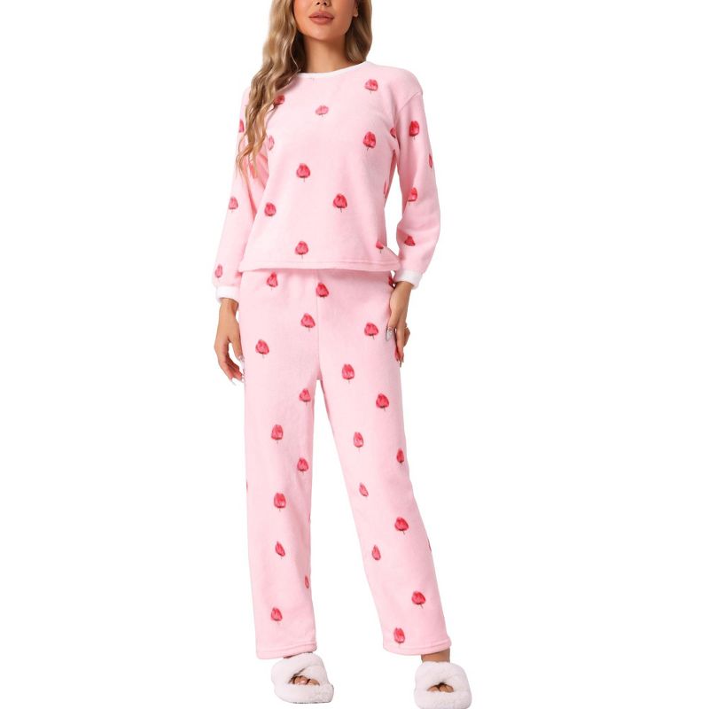 cheibear Women's Flannel Winter Cute Printed Long Sleeve Pajama Sets Strawberry Pink X-Large