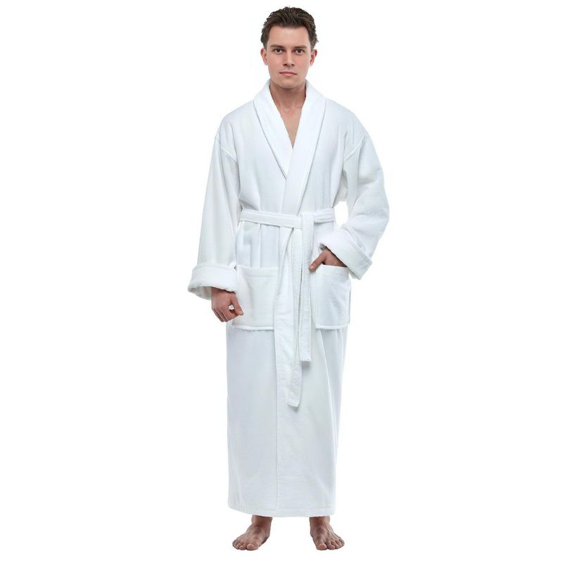 ESKYMODE Mens Terry Cotton Bathrobe, Ankle Length Long Towel Bath Robe , White , Large-X-Large