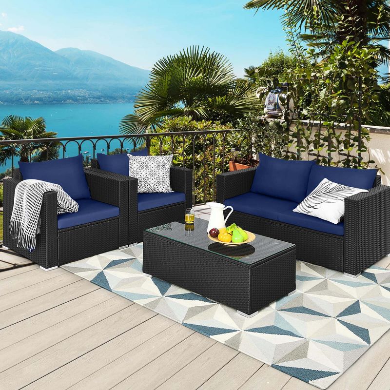 Costway 4 PCS Patio Rattan Furniture Set Cushioned Sofa Chair Coffee Table Blue