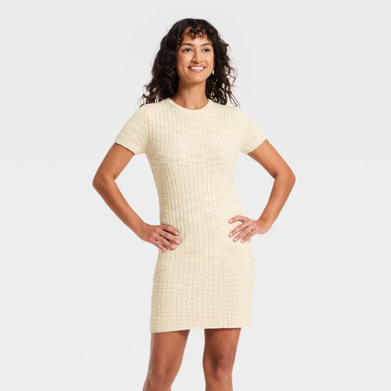 Women's Short Sleeve Rib Mini Sweater Dress - Universal Thread™ Oatmeal M