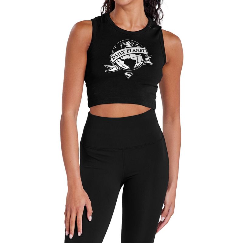 Women's Superman 2025 Daily Planet Scroll Sleeveless Crop Top Tank, Black, X Large