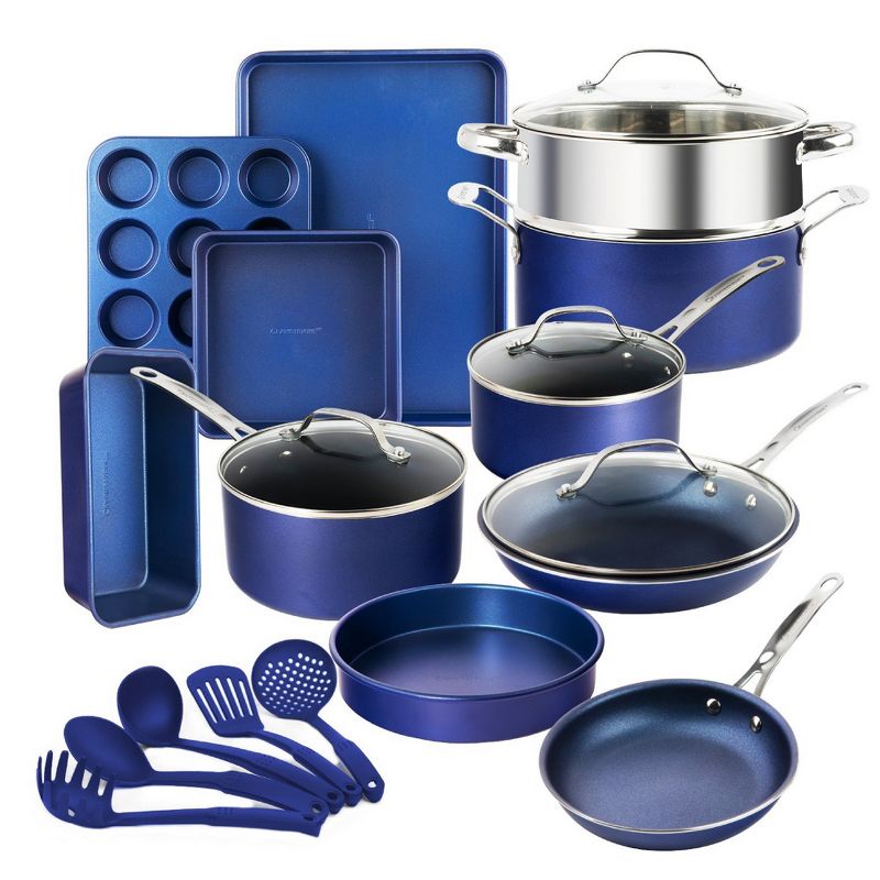 Granitestone Diamond 20 Pc Nonstick Pots and Pans Cookware Set with Bakeware and Utensils Blue