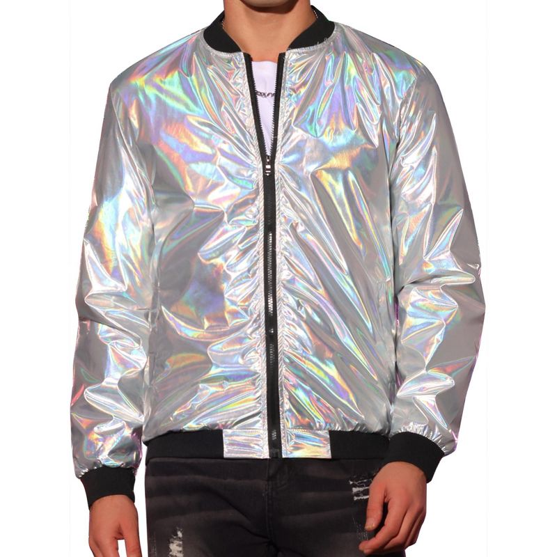 Lars Amadeus Men's Zipper Disco Holographic Bomber Jacket Multicolor X Large
