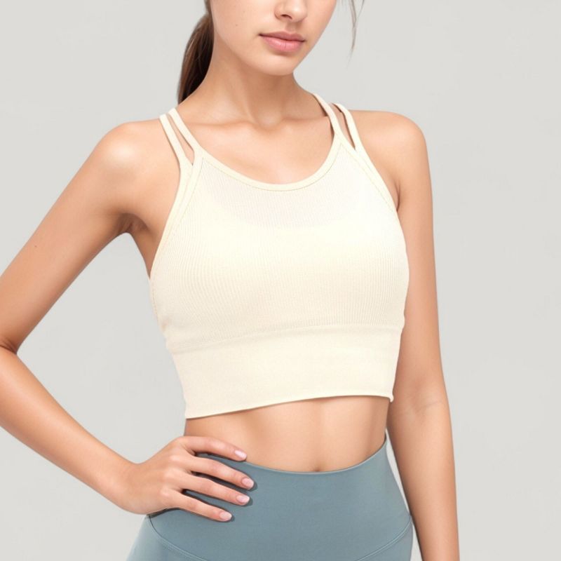 Anna-Kaci Active Women's Double Strap Crew Neck Ribbed Crop Top with Fitted Hem - Large, Light Beige