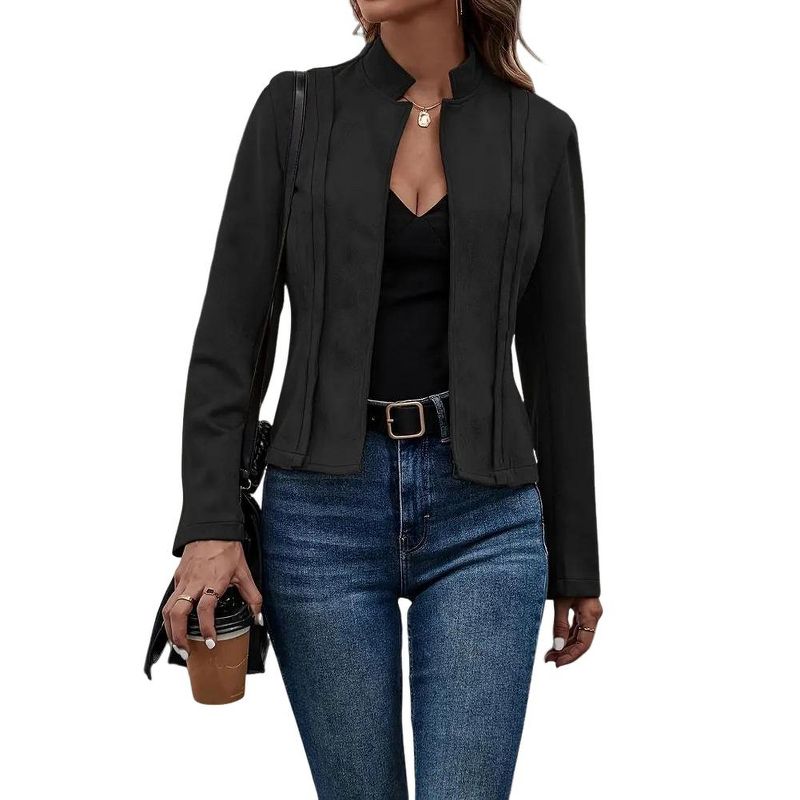 Women's Suede Vintage Short Jacket Solid Color Long Sleeve Fitted Cardigan Black S