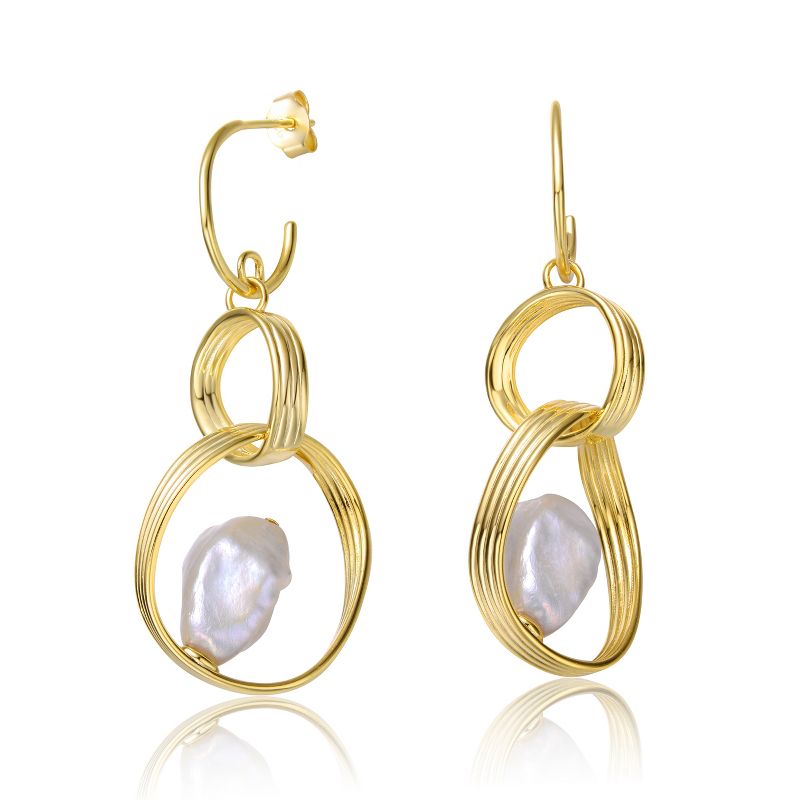 Guili Sterling Silver 14K Yellow Gold Plated Earrings with Baroque White Freshwater Pearl, Featuring Double Drop Half-Hoop Dangle Design