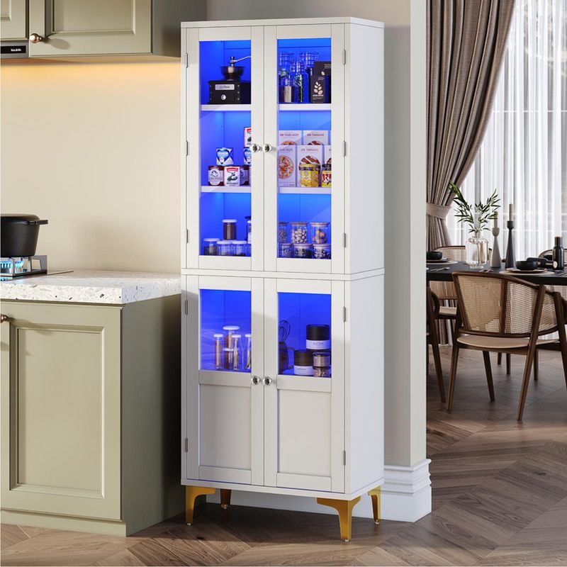 Bestier 65" LED Kitchen Pantry Cabinet with Adjustable Shelves Food Storage and Art Display with Acrylic Doors ，White