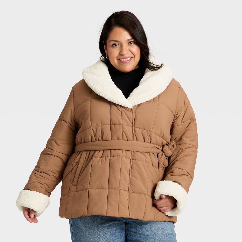 Women's Belted Faux Shearling Puffer Jacket - Ava & Viv™ Tan 3X
