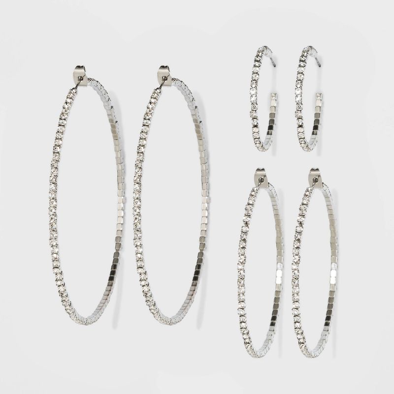 Trio Imitation Rhodium with Glass Crystal Rhinestone Hoop Stud Earring Set 3pc - Wild Fable™ White Crystal: Sparkly Hoops, Nickel-Free Metal
