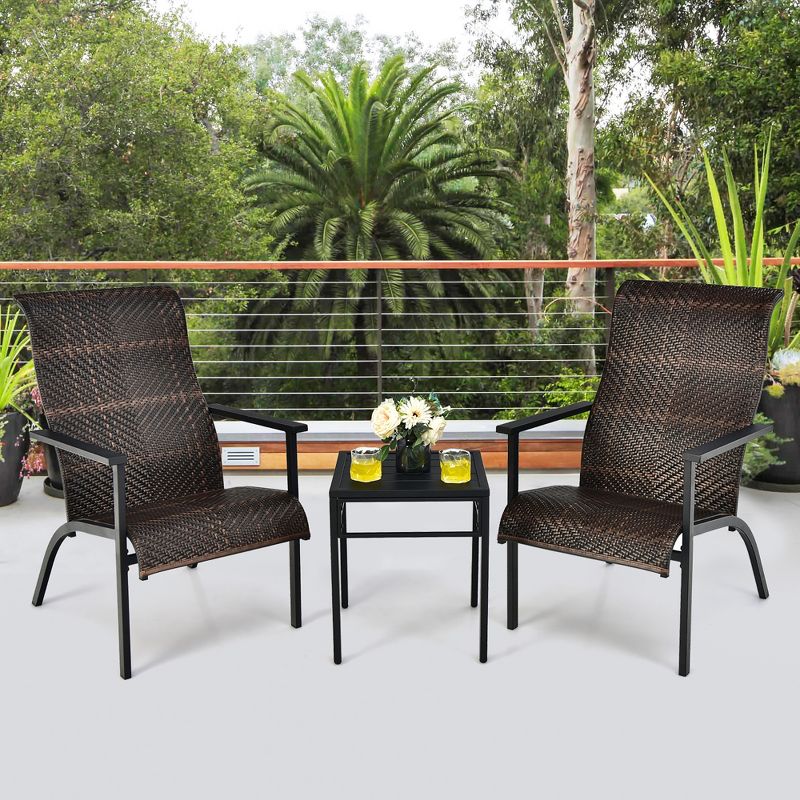 Costway 3 PCS Patio Rattan Bistro Set High Backrest Armrest SideTable Mix Brown