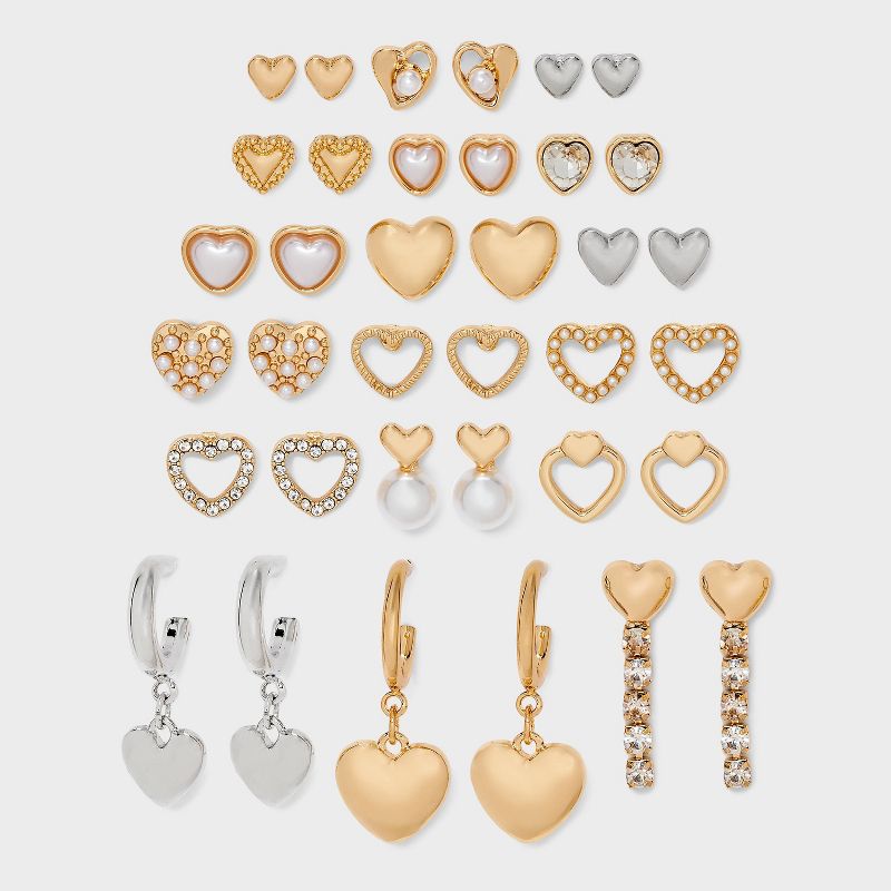 Heart Multi Earring Set 18 pc - Wild Fable™ - Gold/Sliver/Pearl