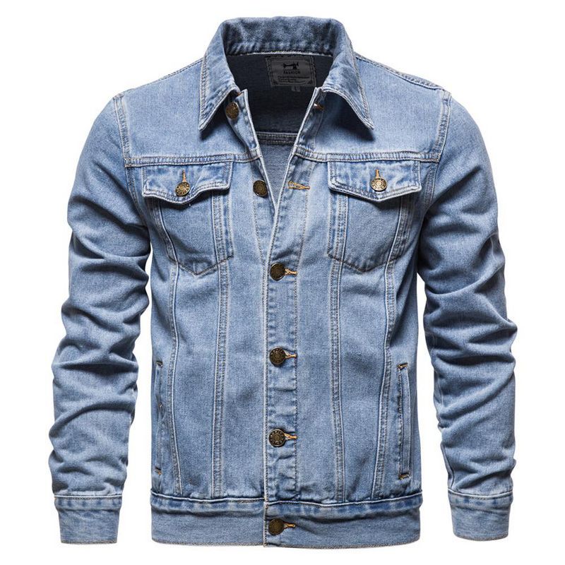 Men's Slim Fit Denim Jacket Cotton Blend Multi-Pocket Design Classic Collar Button Closure Casual,Light blue,XL