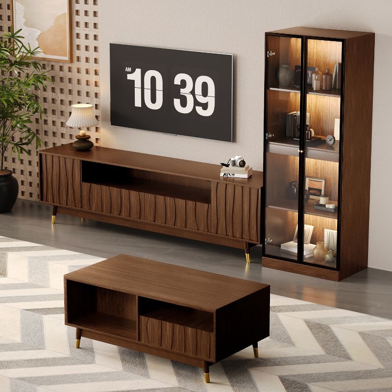 ATJafurn Entertainment Center, Mid-Century Modern Living Room Furniture Wood TV Stand and Coffee Table Set with Glass Display Cabinet
