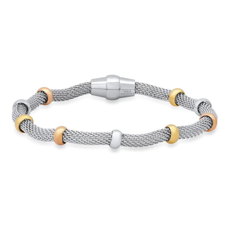 Steeltime Ladies tri toned stainless steel beads mesh bracelet