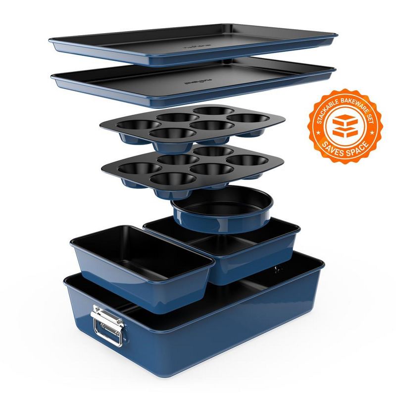 NutriChef 8-Piece Stackable Bakeware Set - Non-Stick Carbon Steel Baking Trays and Pans