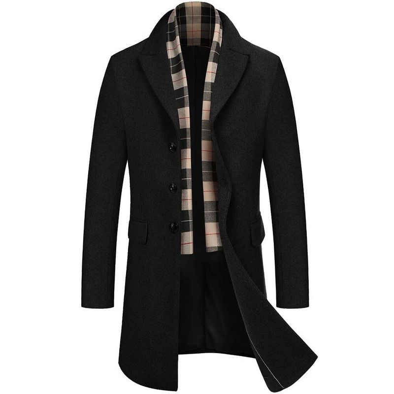 COOFANDY Men's Wool Blend Coat with Detachable Plaid Scarfs Notched Collar Single Breasted Pea Coat Trench Overcoat Black M