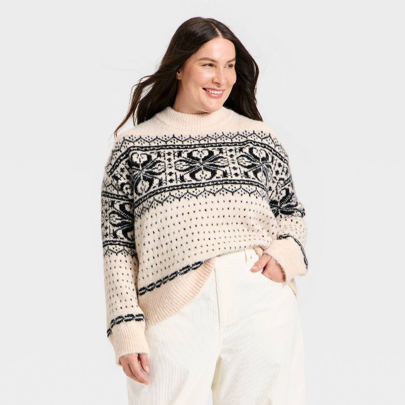 Women's Long Sleeve Cozy Alpine Snowflake Crewneck Pullover Sweater - Universal Thread™ Cream 1X