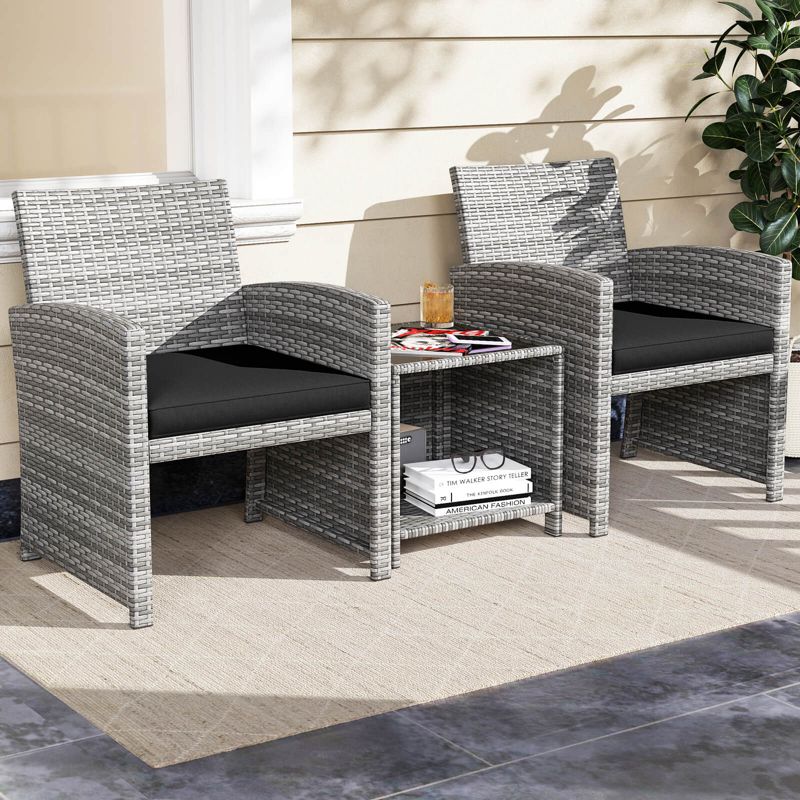 Costway 3 PCS Patio Furniture Set with Tempered Glass Coffee Table & Soft Seat Cushions Black