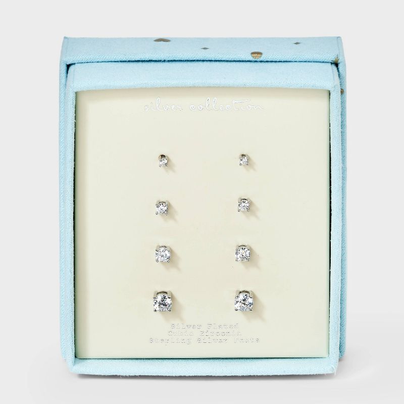 Sterling Silver Cubic Zirconia Round Stud Earring Set 4pc - A New Day™ Silver