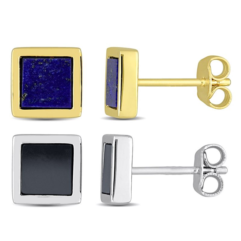 EVERLY JEWELRY | Men's Two-Tone Sterling Silver 2ct TGW Lapis and Hematite Square Stud Earrings 2-Piece Set