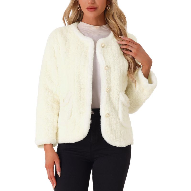 Allegra K Women's Faux Fur Single Breasted Long Sleeve Plush Warm Winter Coat White Large