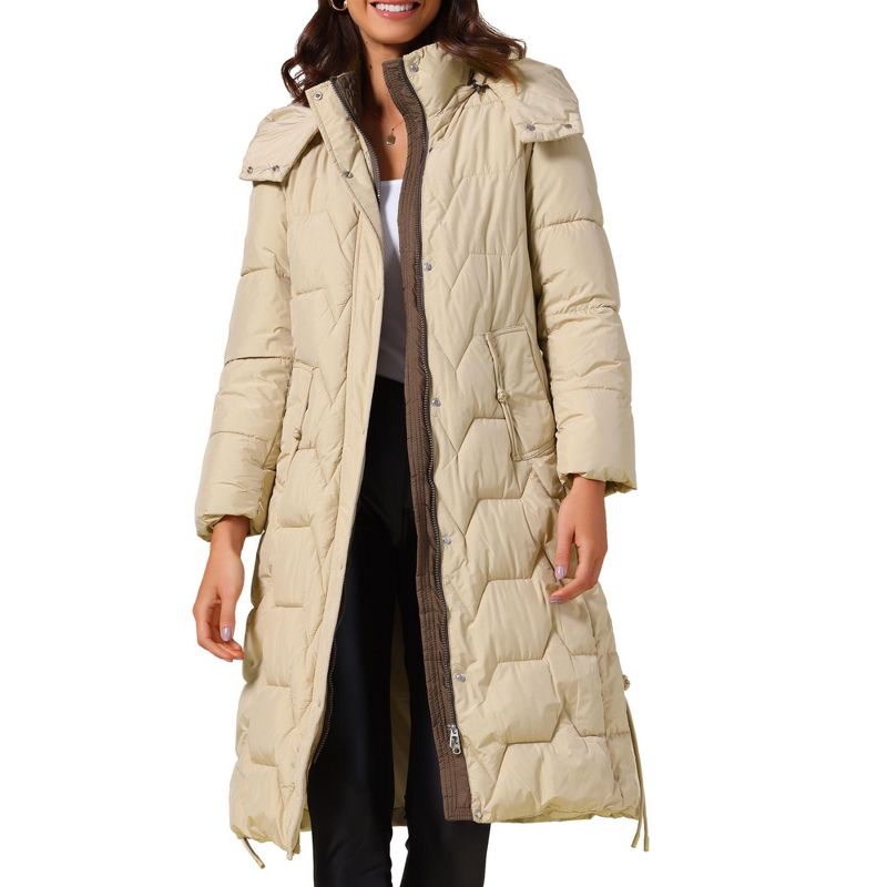 INSPIRE CHIC Women's Winter Hooded Zip Up Down Stand Collar Long Puffer Coat Large Khaki