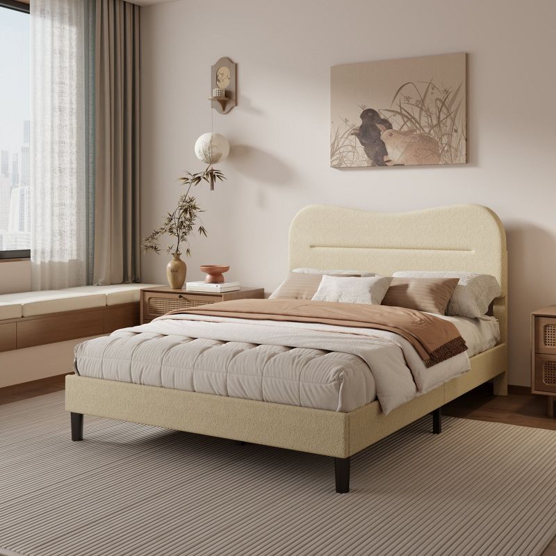 Full Size Boucle Upholstered Platform Bed Frame Soft Teddy Fabric Headboard Modern Cloud Design Wood Slats No Box Spring Needed Bedroom Furniture