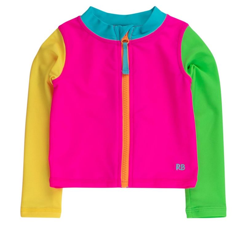 RuffleButts Gender Inclusive Long Sleeve Full Zip Rash Guard - Neon Color Block, 6-12m