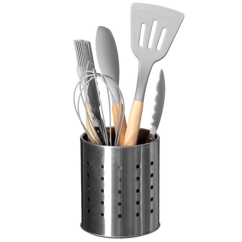 Basicwise Round Metal Utensil Holder – Countertop Organizer with Drain Holes for Spoons, Spatulas, Cutlery & More, Stylish Silver Kitchen Storage