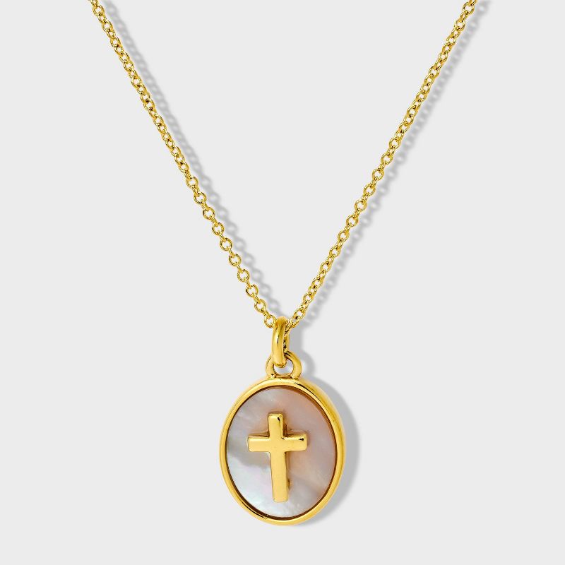 Tiny Tags 14K Gold Ion Plated with Mother of Pearl Inlay Cross Pendant Necklace - Gold