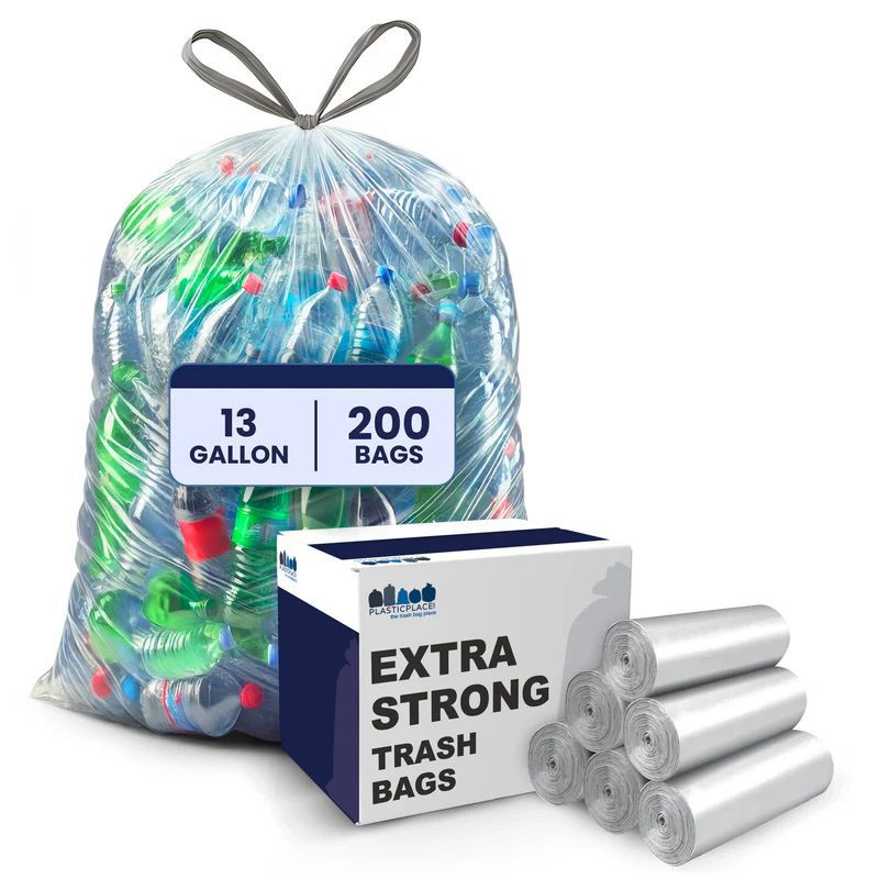 Plasticplace 13 Gallon Extra Tall Drawstring Trash Bags, Clear (200 Count)