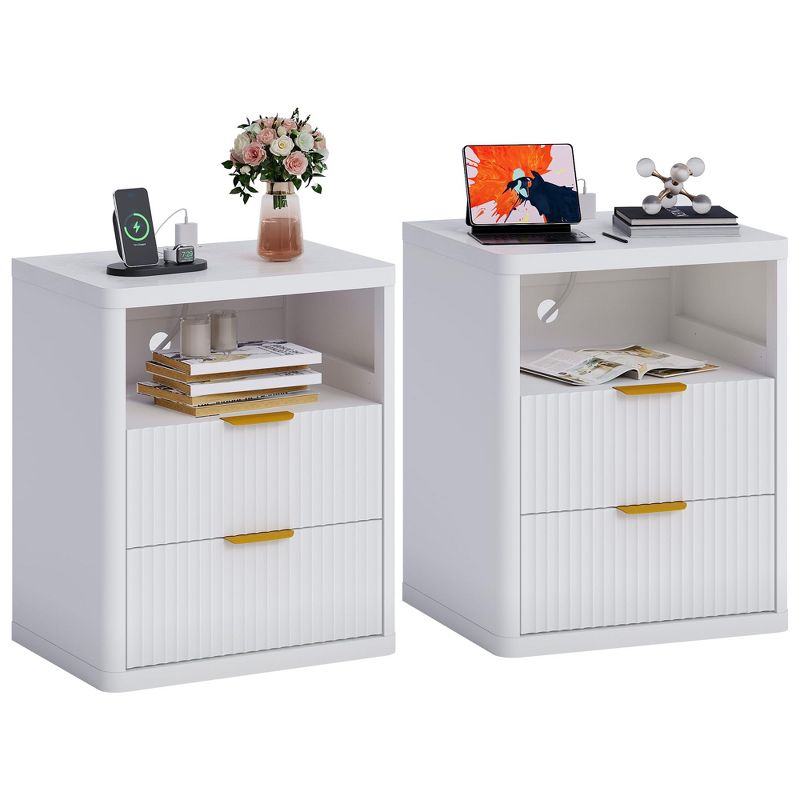 Fluted Nightstand with Charging Station — Mid-Century Modern Bedside Table with Metal Handles, Rounded Corners for Safety, and Multi-Functional