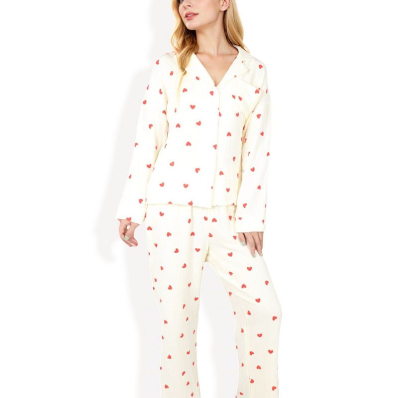 Anna-Kaci Lounge Women's Button-Up Valentine Pajama Set with Heart Print and Notched Collar - Medium,