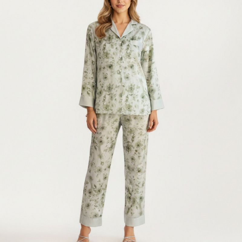 Anna-Kaci Lounge Women's 2-Piece Set Floral Satin Button Front Pajama Top with Contrast Cuffs and Matching Relaxed Fit Lounge Pants - Small, Green