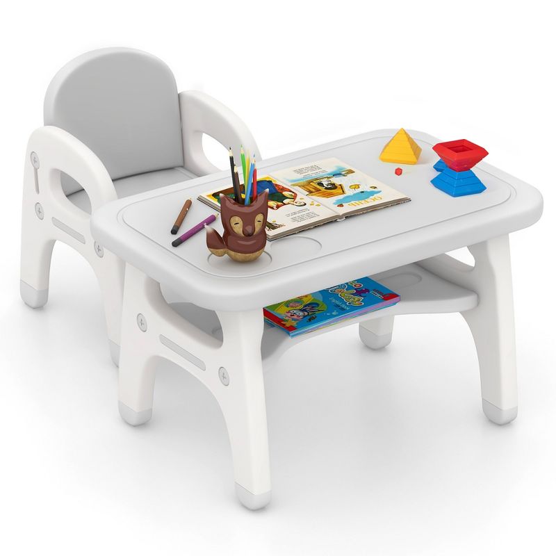 Costway Kids Table and Chair Set w/Cute Dinosaur Modeling Storage Rack & Building Blocks