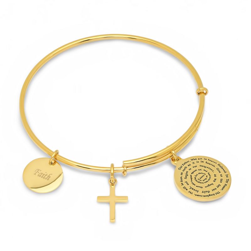 Steeltime Ladies 18k gold plated stainless steel bracelet with our father, faith, and cross charms. Color Options: Silver, Gold