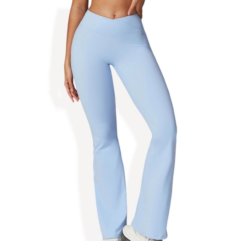 Anna-Kaci Active Women's Crossover Waist Flare Leg Yoga Pants in Smooth Stretch Fabric - Medium, Light Blue