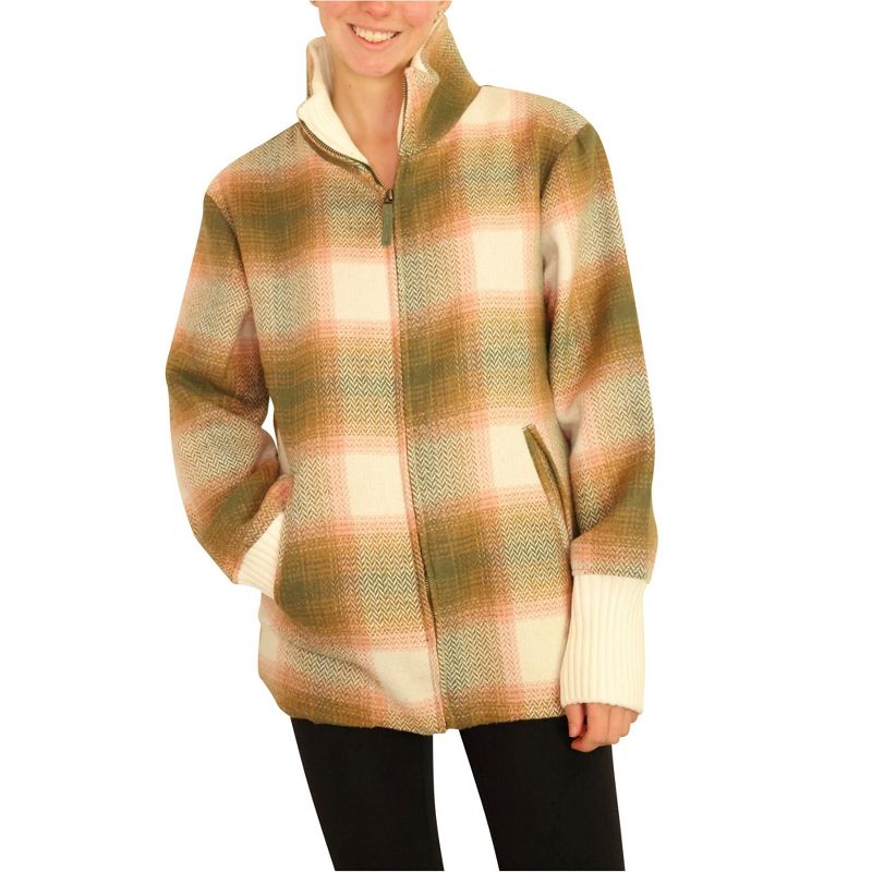 P.J. Salvage Womens Full Zip Plaid Jacket, olive, Small