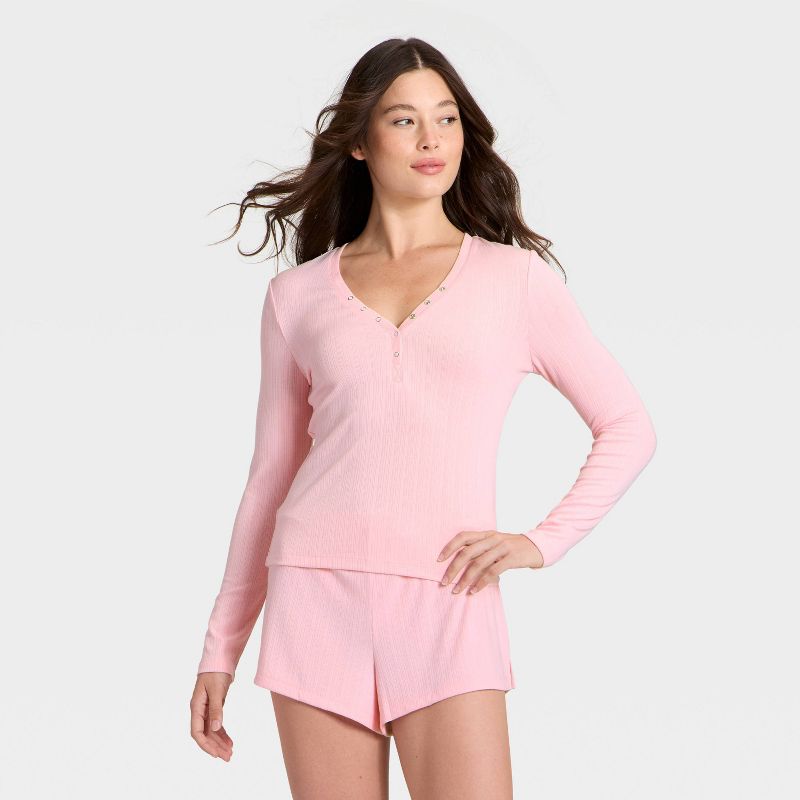 Women's Ribbed Long Sleeve Shirt and Shorts Pajama Set - Auden™ Pink XL