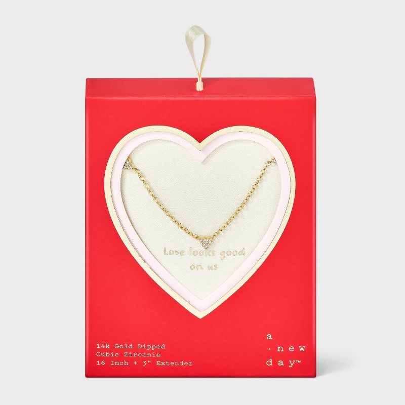 14K Gold Dipped Cubic Zirconia Valentines Mini Tri-Heart Necklace - A New Day™ Gold