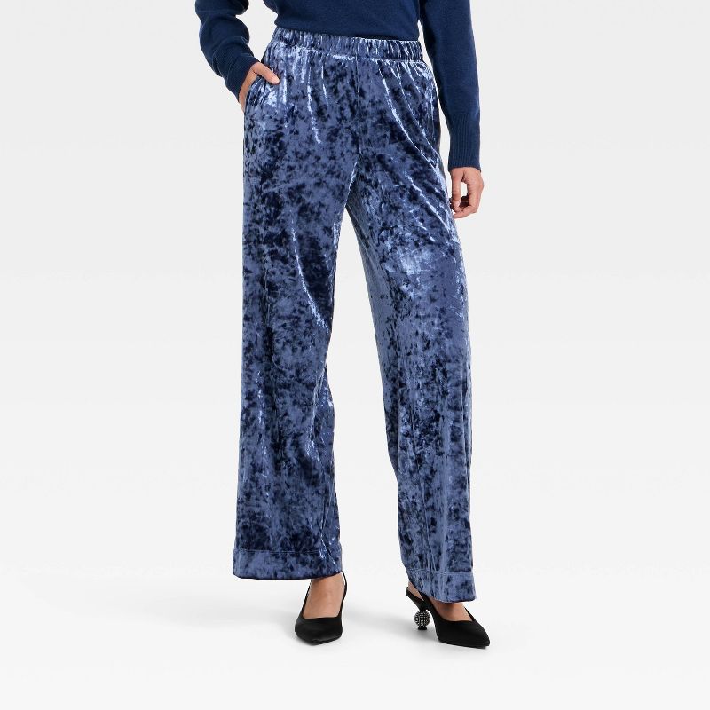 Women's Crushed Velour Pull-On Pants - A New Day™ Navy Blue S