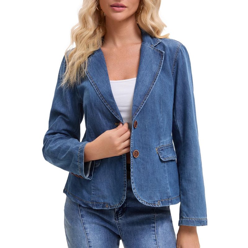 INSPIRE CHIC Women's Notched Lapel Collar Long Sleeve Button Back Slit Fitted Denim Jacket Medium Blue