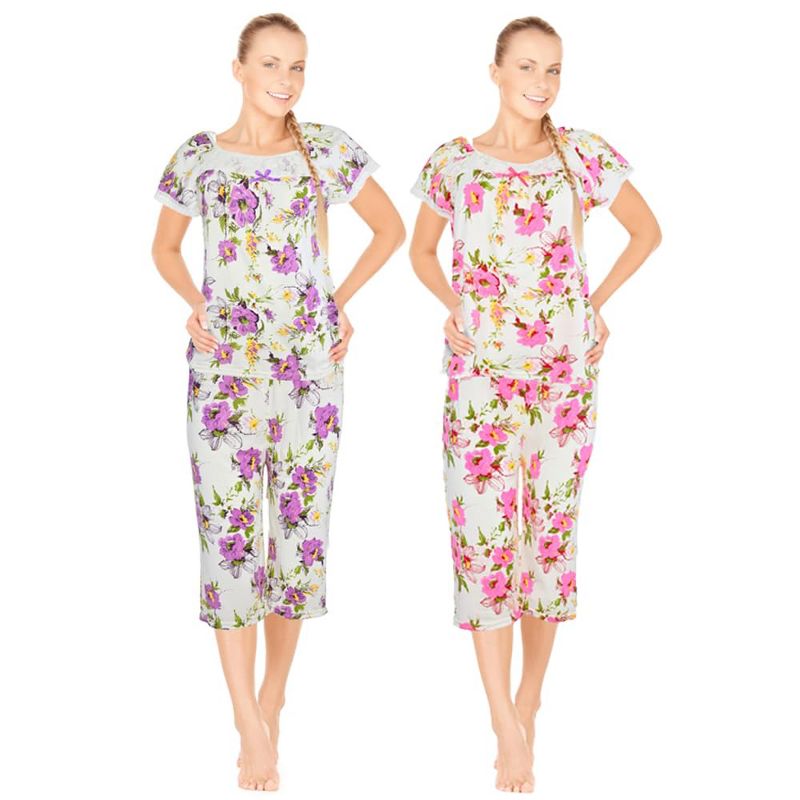 JEFFRICO Pajamas For Women Capri Set Sleepwear Soft Pajamas Short Sleeve Pajama Sleepshirt With Capri Pants