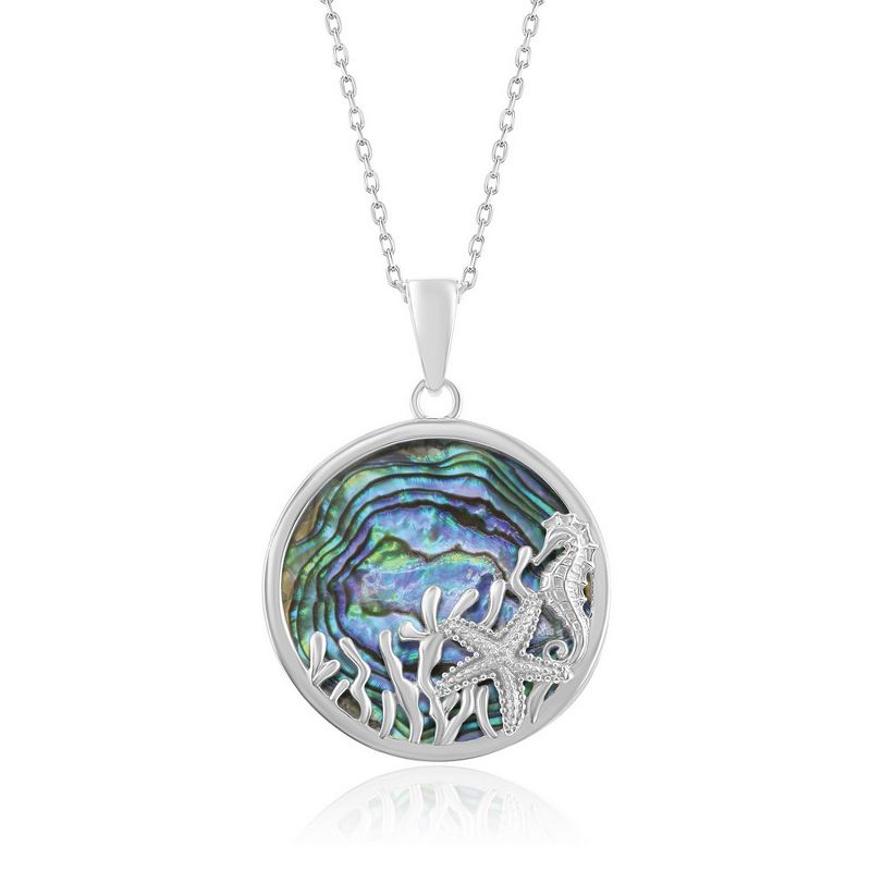 Bella Silver Sterling Silver Round Abalone with Starfish and Seahorse 18" Pendant Necklace - Multi