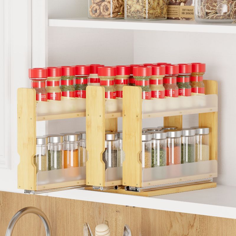 Bamboo Pull Out Spice Rack Organizer for Kitchen Cabinets – 3 Drawer, 2-Tier Heavy-Duty Sliding Storage, 7.6" Wide, Nature