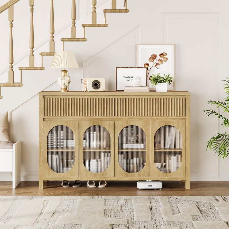 55" Large Buffet Cabinet with 4 Glass Doors & 2 Fluted Drawers - Storage Sideboard for Dining Room, Living Room, Kitchen Furniture