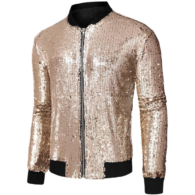 INSPIRE CHIC Men's Party Disco Club Sequins Bomber Jacket Pink Gold Medium